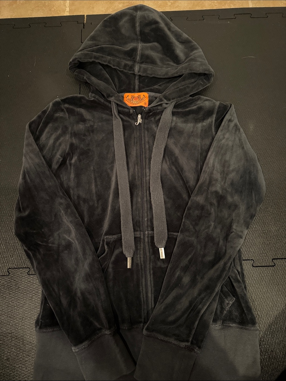 Vintage Juicy Couture Black Velour Zip Hoodie with Hood and Drawstrings